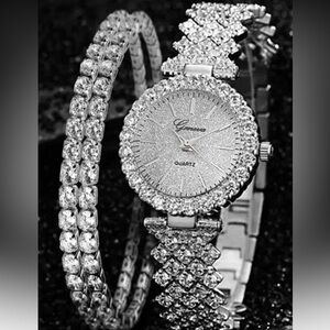 Elegant Silver Watch with Crystal Bracelet – 3 Piece Jewelry Set